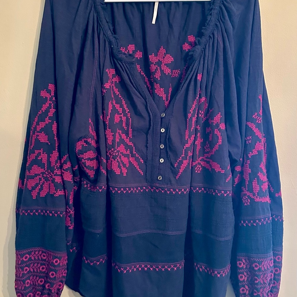 Free People Navy Blouse with Magenta Embroidery